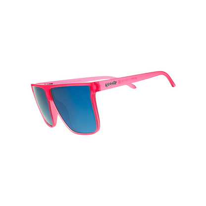 Chic pink Goodr Fly G sunglasses with blue lenses, ideal for sun style and functionality.