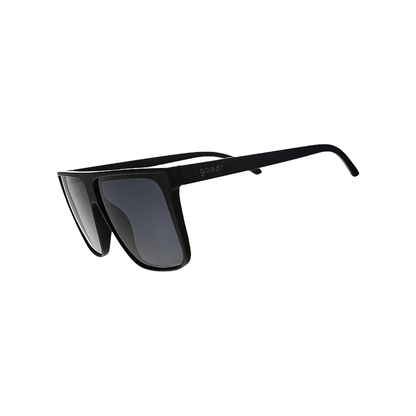 Black Goodr Fly G flat-top sunglasses with a fashionable design and UV400 protection on a white background.