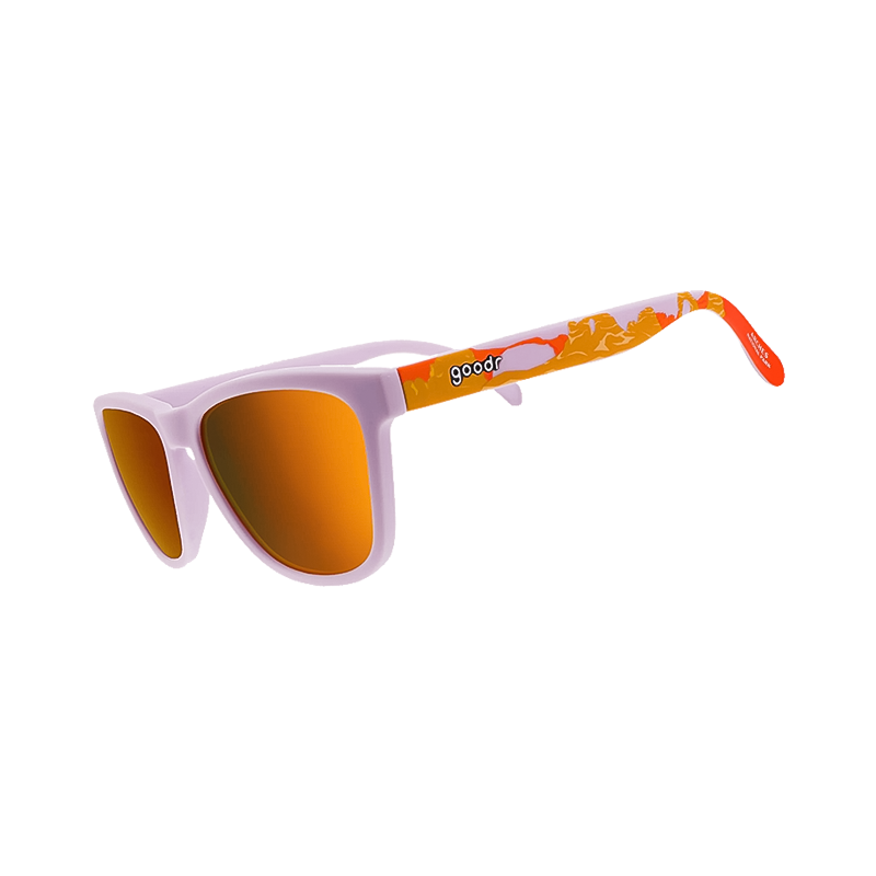 Purple Goodr OG sunglasses with mountain design on a white background, perfect for stylish runners.