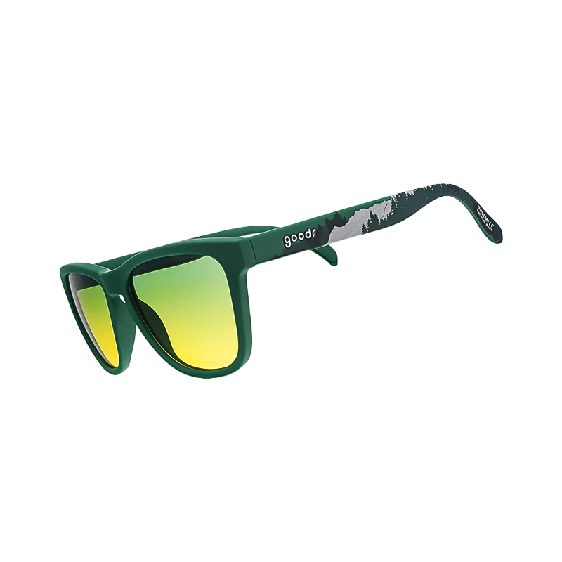 Stylish green sunglasses with mountain design, perfect for runners—lightweight and durable for sunny days.