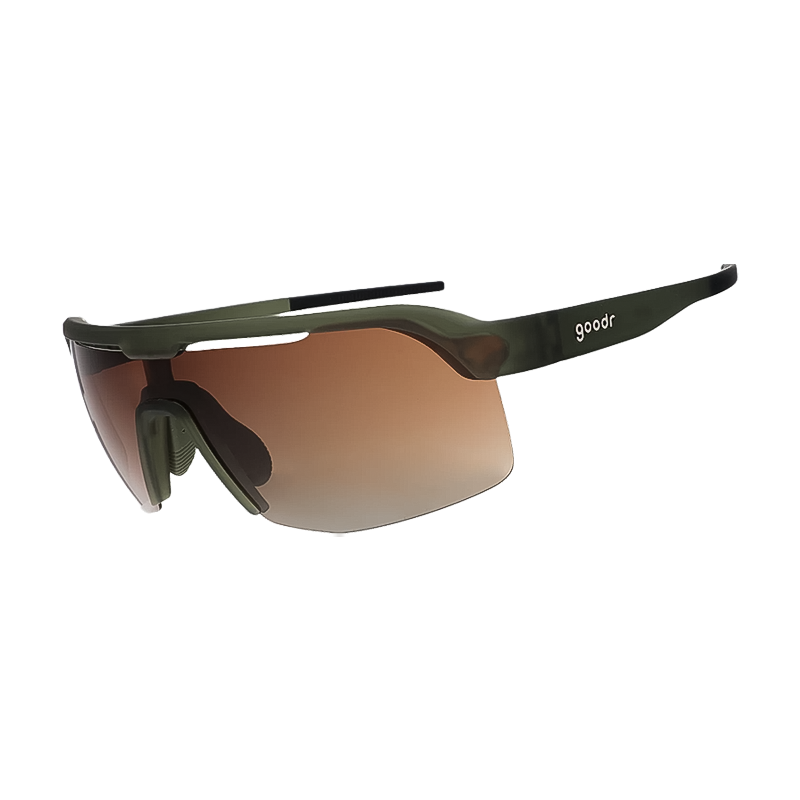 Green-framed sunglasses with brown lenses, designed for athletes with a secure fit and polarized UV protection.