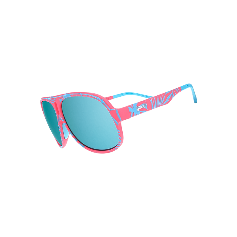 Retro Goodr Super Fly sunglasses in pink and blue, perfect for cyclists and runners.