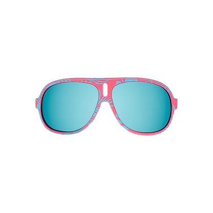 Lightweight pink and blue sunglasses designed for no-slip, no-bounce performance.