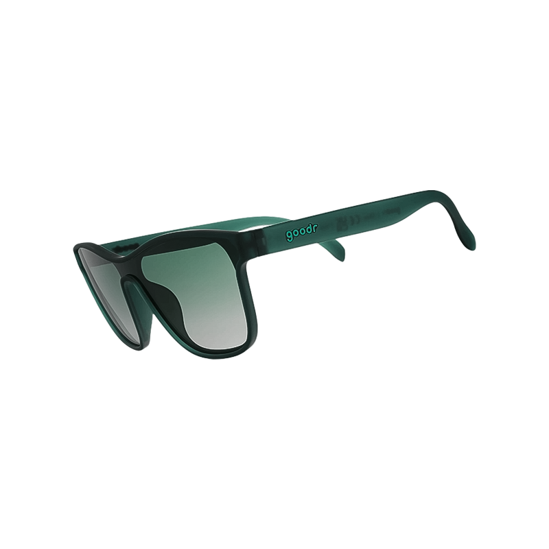 Stylish green-lensed sunglasses on a white background, designed for outdoor activities.