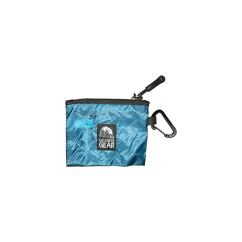 Lightweight blue wallet with carabiner for cash and ID while hiking.