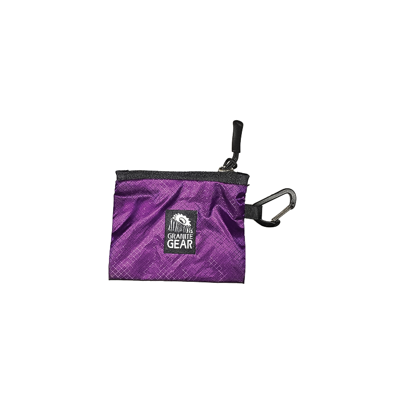 Compact violet wallet with carabiner for hikers to carry cash and ID, made from durable 30D Sil material.