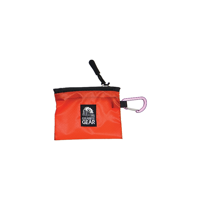 Orange wallet with carabiner for hiking, holds cash and ID, made from lightweight 30D Sil material.
