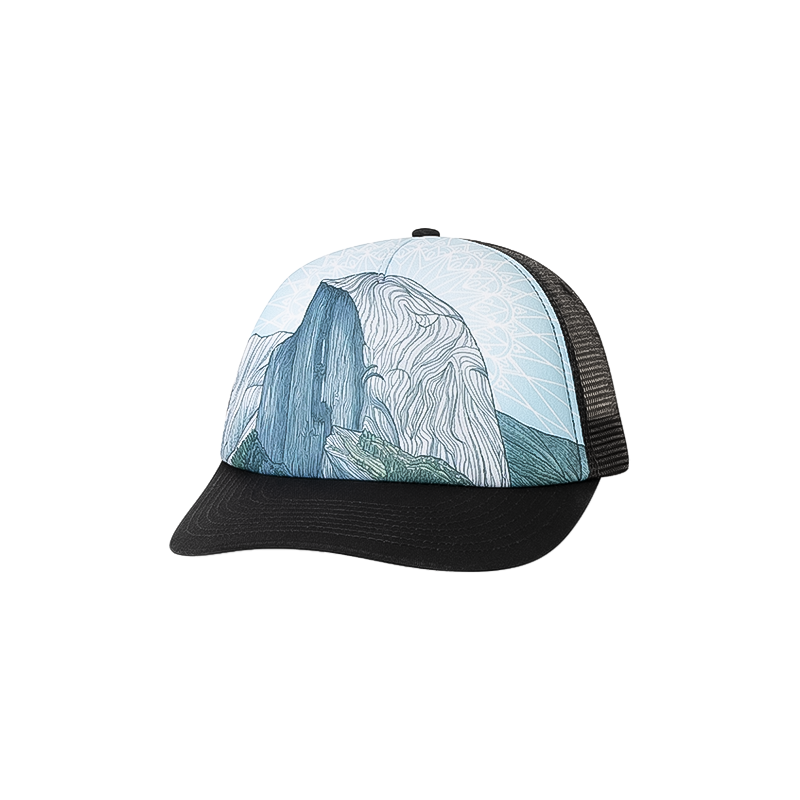 Black trucker hat featuring a mountain scene of Yosemite's Half Dome, illustrated by artist Lizzy Dalton.