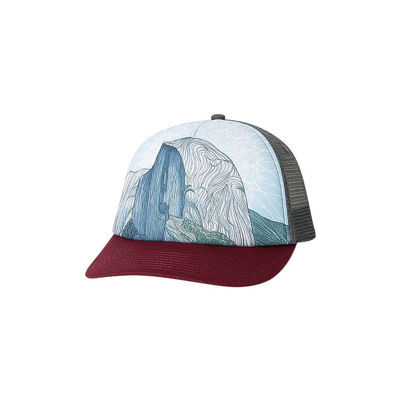 Maroon trucker hat showcasing Half Dome in Yosemite Valley, designed by artist Lizzy Dalton.