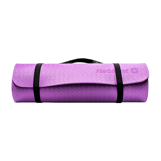 Purple yoga mat with black straps, textured top, and ribbed bottom for slip resistance.