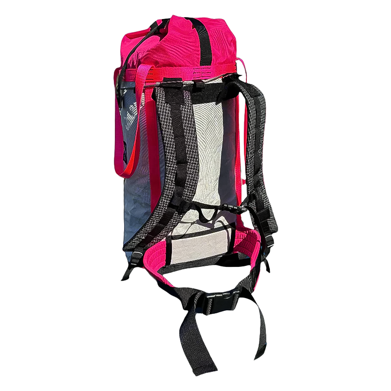 High Mountain Gear pink and gray backpack with straps, built for durability and lightweight performance for climbers and outdoor adventurers.