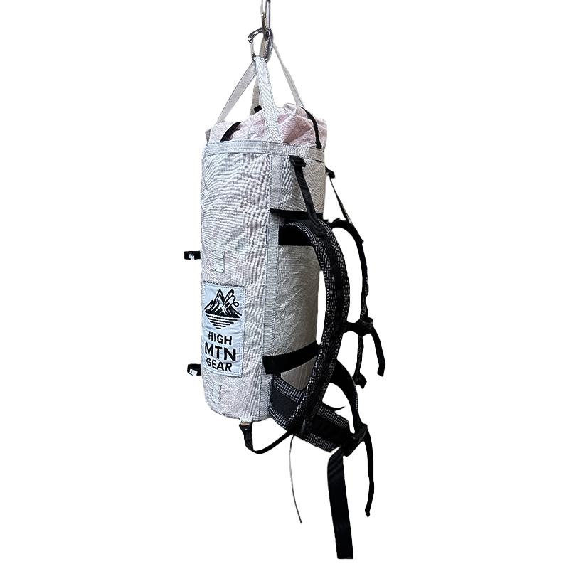 Lightweight High Mountain Gear Wallpinist 45L Haul Bag with a white attachment, designed for extreme climbing.