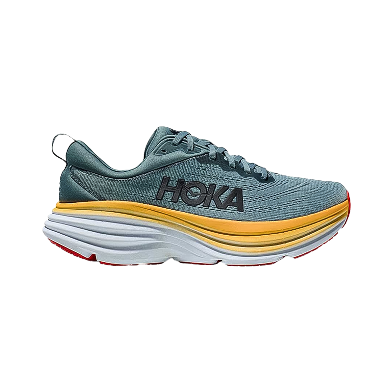 Teal Hoka One One men's Bondi 8 offers improved cushioning and heel support, ideal for sore feet.