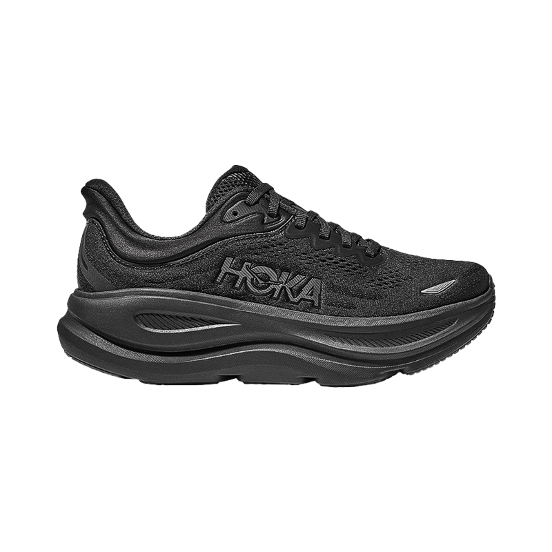Black Hoka Bondi 9 men's running shoe with plush cushioning, breathable mesh, and durable outsole.