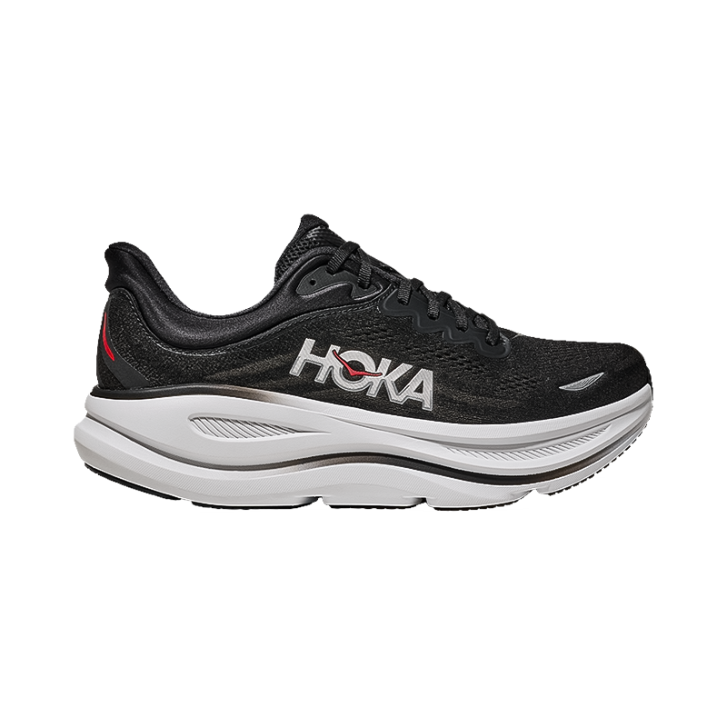 Hoka Bondi 9 men's shoes in black, white, and red, featuring maximum cushioning for comfort during runs and walks.