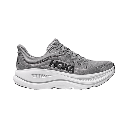 Hoka One One men's Bondi 9 shoes in gray with sleek design and advanced cushioning for comfort.