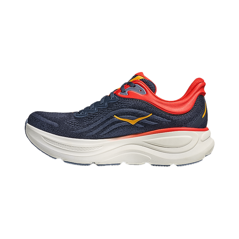 Navy Hoka Bondi 9 men's running shoe designed for comfort with super critical foam midsole and supportive fit.
