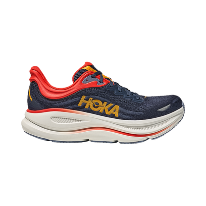 Hoka Bondi 9 men's shoe in navy with enhanced cushioning, breathable mesh, and durable rubber outsole.