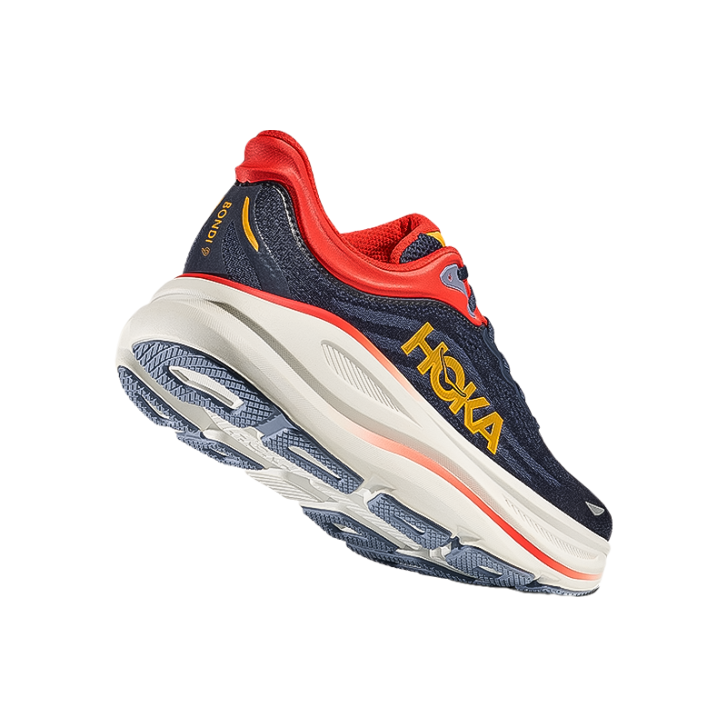 Hoka Bondi 9 men's shoe with enhanced cushioning, breathable mesh, and durable rubber outsole.