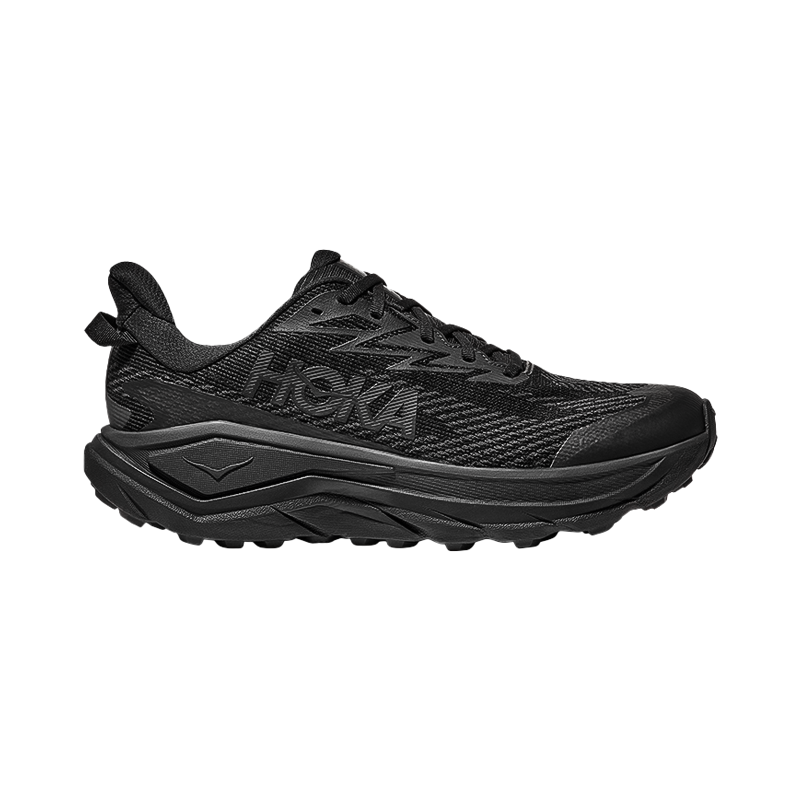 Hoka One One Challenger 8 GTX trail running shoe in black for men, designed for all-weather performance and versatile cushioning.