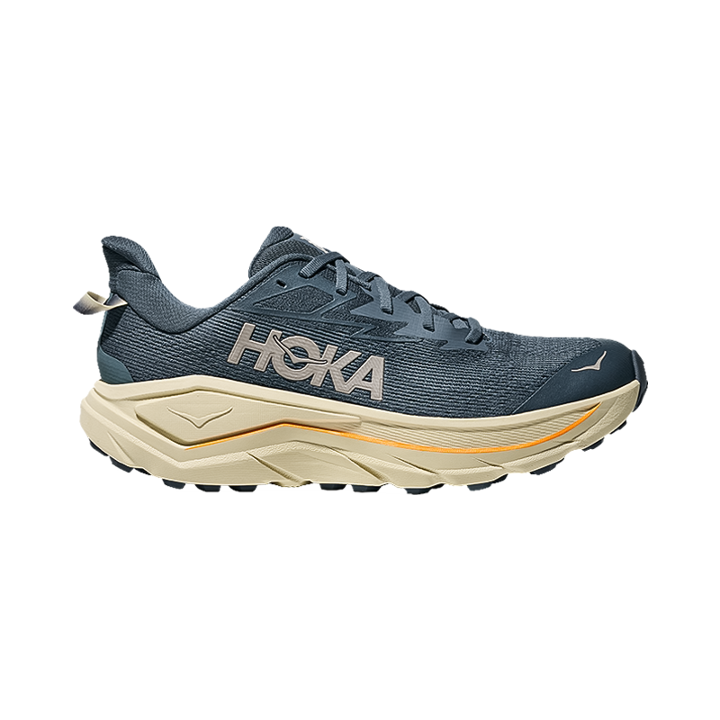 Blue and beige Hoka One One men's trail running shoe, designed for comfort with enhanced cushioning and durable traction.