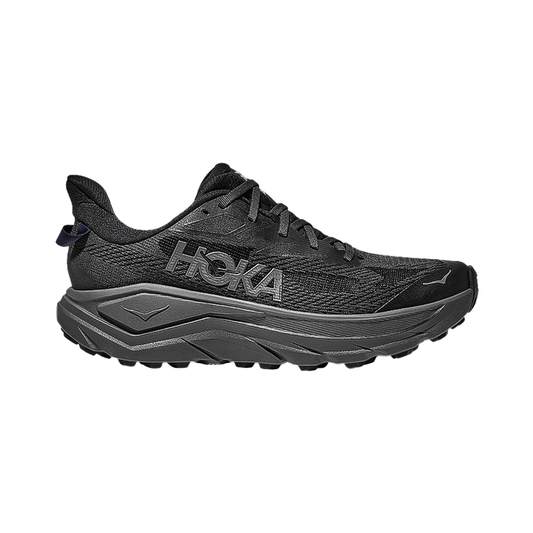 Hoka Challenger 8 men's trail running shoes in black with plush cushioning and durable mesh upper.