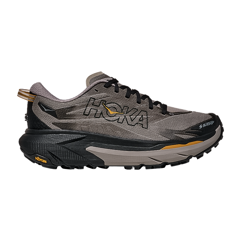 Black and gray HOKA One One men's Mafate 5, a trail running shoe designed for comfort, durability, and traction on rugged terrains.