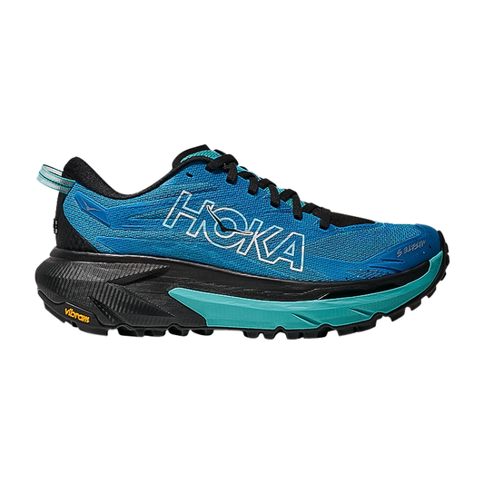 Blue, black, and teal HOKA One One men's Mafate 5 trail running shoe with plush cushioning and aggressive traction.