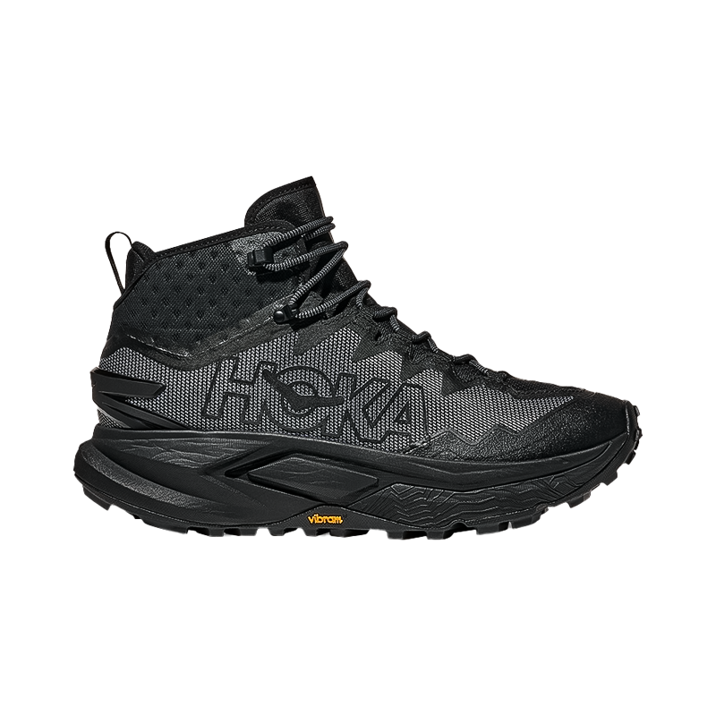 Black Hoka One One men's mafate hike GTX trail shoes with maximal cushioning, aggressive traction, and breathable upper for rugged hikes.