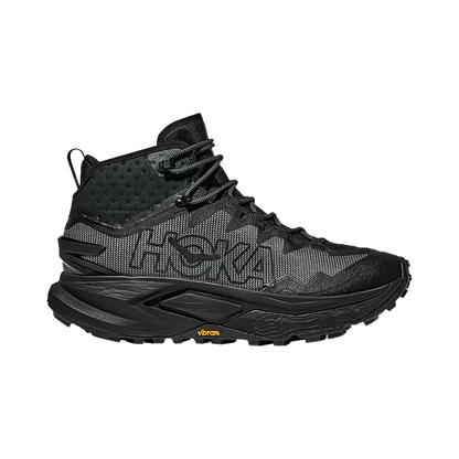 Black Hoka One One men's mafate hike GTX trail shoes with maximal cushioning, aggressive traction, and breathable upper for rugged hikes.