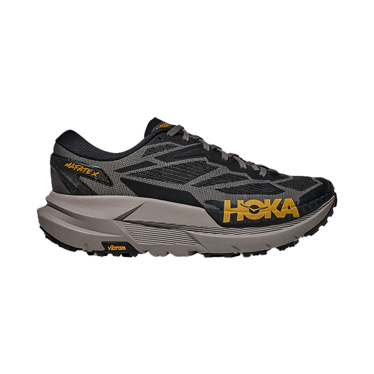 Black and gray Hoka Mafate X trail shoes in Gatorade color, designed for ultra-distance runners with superior cushioning and traction.