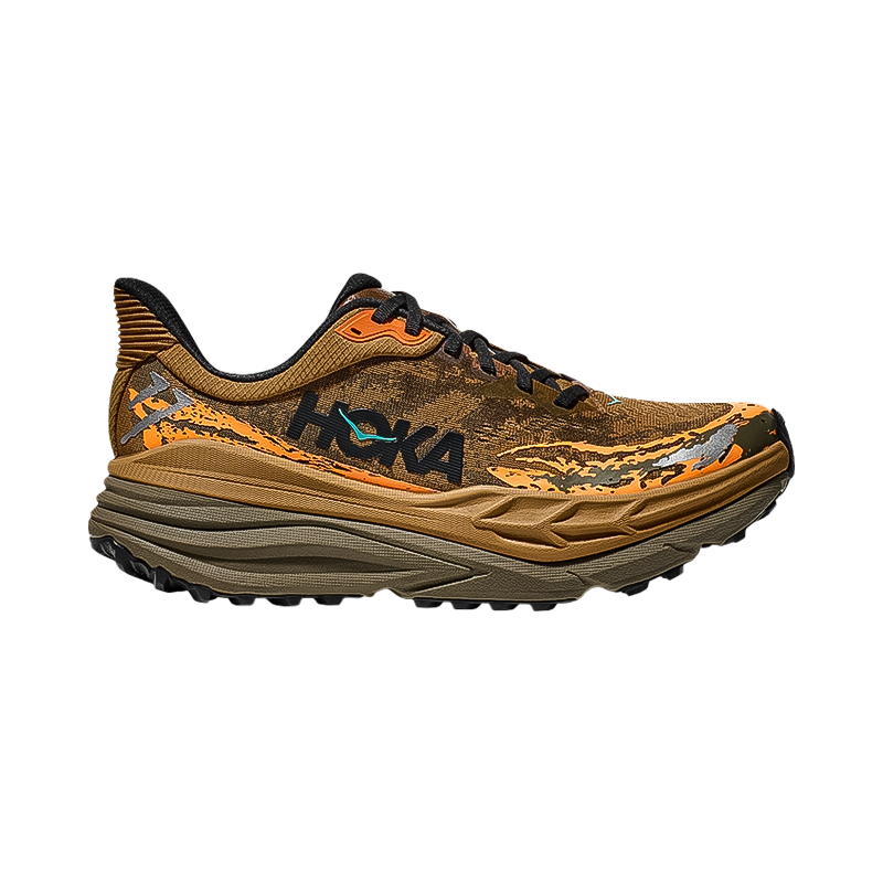 Brown Hoka One One men's Stinson 7 shoes provide cushioning and traction for road and trail running.