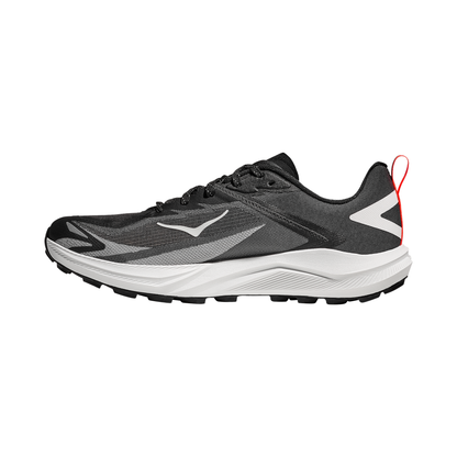 Hoka Zinal 3 shoe in black and white displayed on a white background, emphasizing their low-profile midsole and secure fit for fast runs.