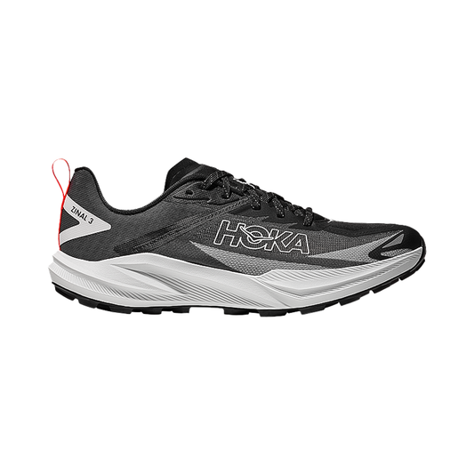 Hoka One One men's Zinal 3 trail running shoe in black and white, featuring lightweight design, aggressive lugs, and breathable mesh for technical terrain.