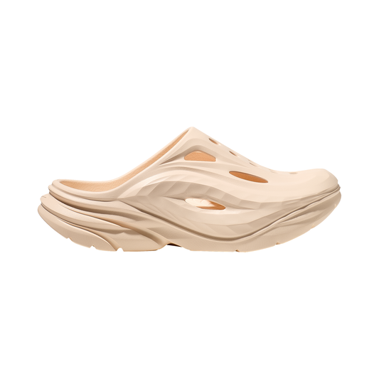 Beige Hoka mule designed for comfort and recovery after workouts, featuring a cushioned slip-on style.