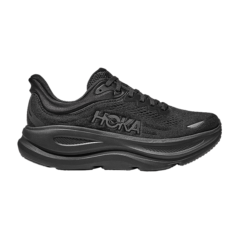 Hoka One One women's Bondi 9 in black, offering plush cushioning and breathability.
