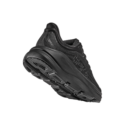 Hoka One One women's Bondi 9 shoes in black, ensuring comfort and stability for daily use.