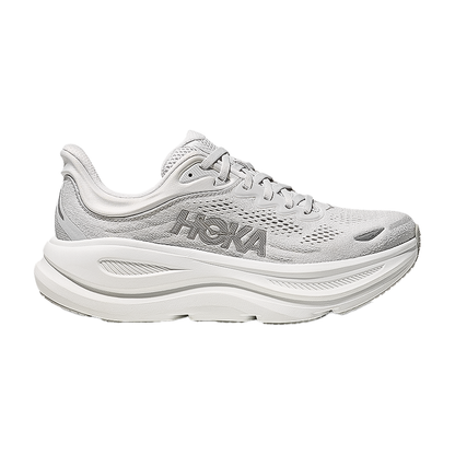 Hoka Bondi 9 women's running shoes in gray with plush cushioning and breathable mesh.