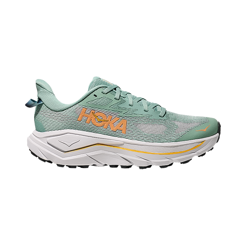 Hoka One One women's Challenger 8 running shoe in mint green, offering plush cushioning and lightweight support.