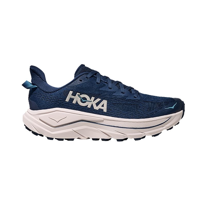 Navy women's Hoka Challenger 8 trail running shoe, featuring plush cushioning, breathable mesh, and multi-directional traction lugs.