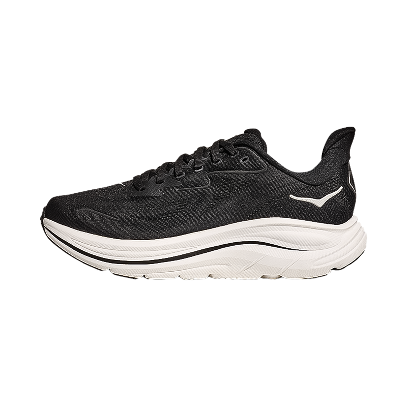 Women's Hoka Clifton 10 shoes in black/white, designed for comfort with a breathable upper and smooth transition features.