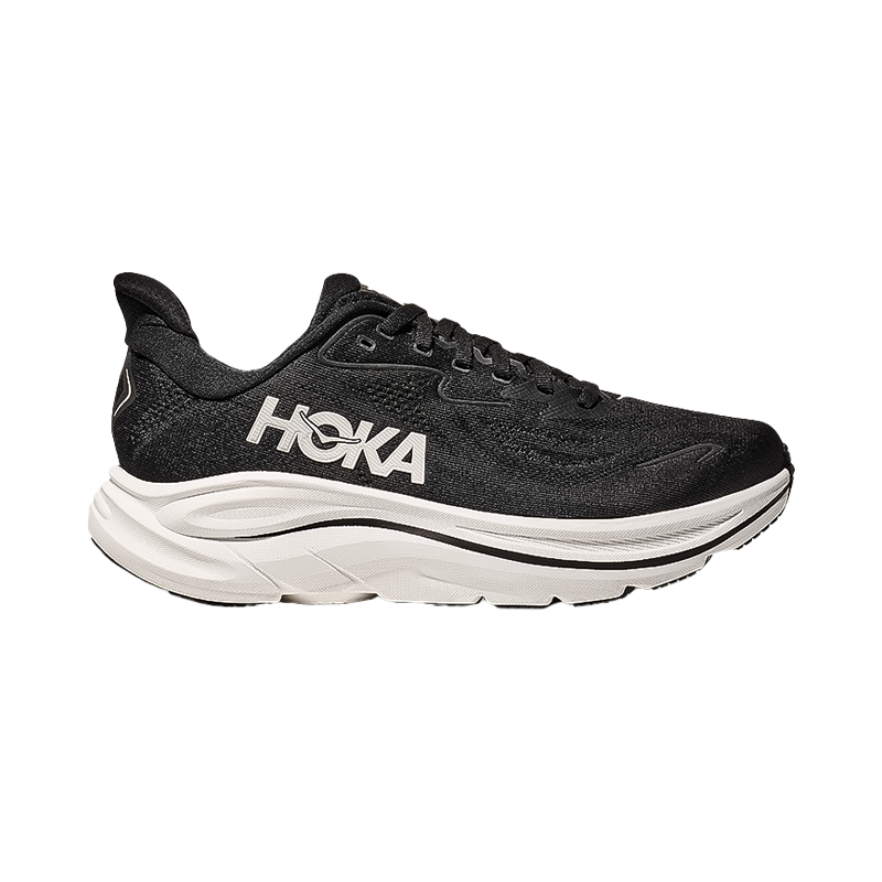 Hoka Clifton 10 women's running shoes in black and white, featuring a lightweight design and advanced cushioning technologies.