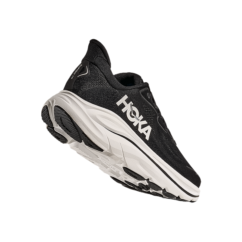 Sole of a black and white Hoka Clifton 10 women's shoes, offering plush cushioning and stability for running and walking activities.