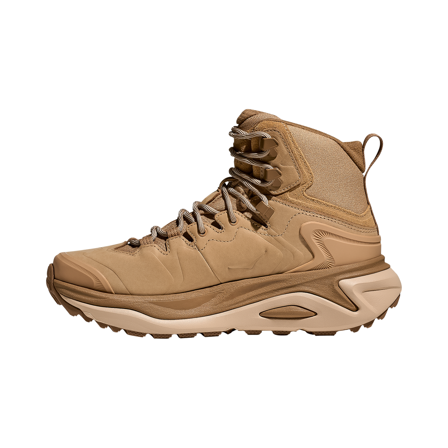 Light brown leather women's hiking boot, Hoka Kaha 3 GTX, featuring advanced cushioning and waterproof technology for outdoor adventures.