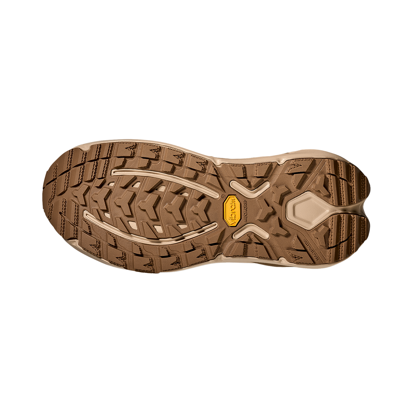 Brown shoe sole of the Hoka Kaha 3 GTX displayed on a white background, emphasizing its traction design and durability.