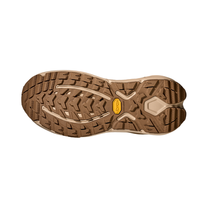 Brown shoe sole of the Hoka Kaha 3 GTX displayed on a white background, emphasizing its traction design and durability.