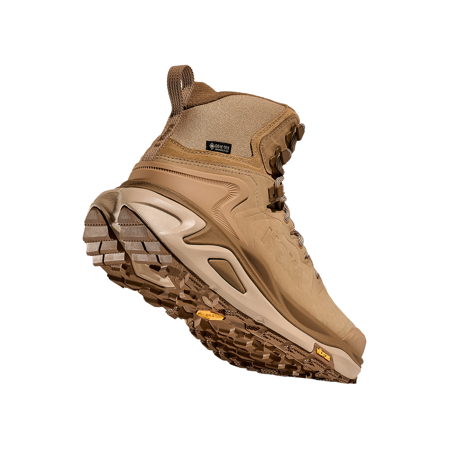 Hoka Kaha 3 GTX women's hiking boot in tan leather, offering plush comfort and weather protection for long-distance hikes.