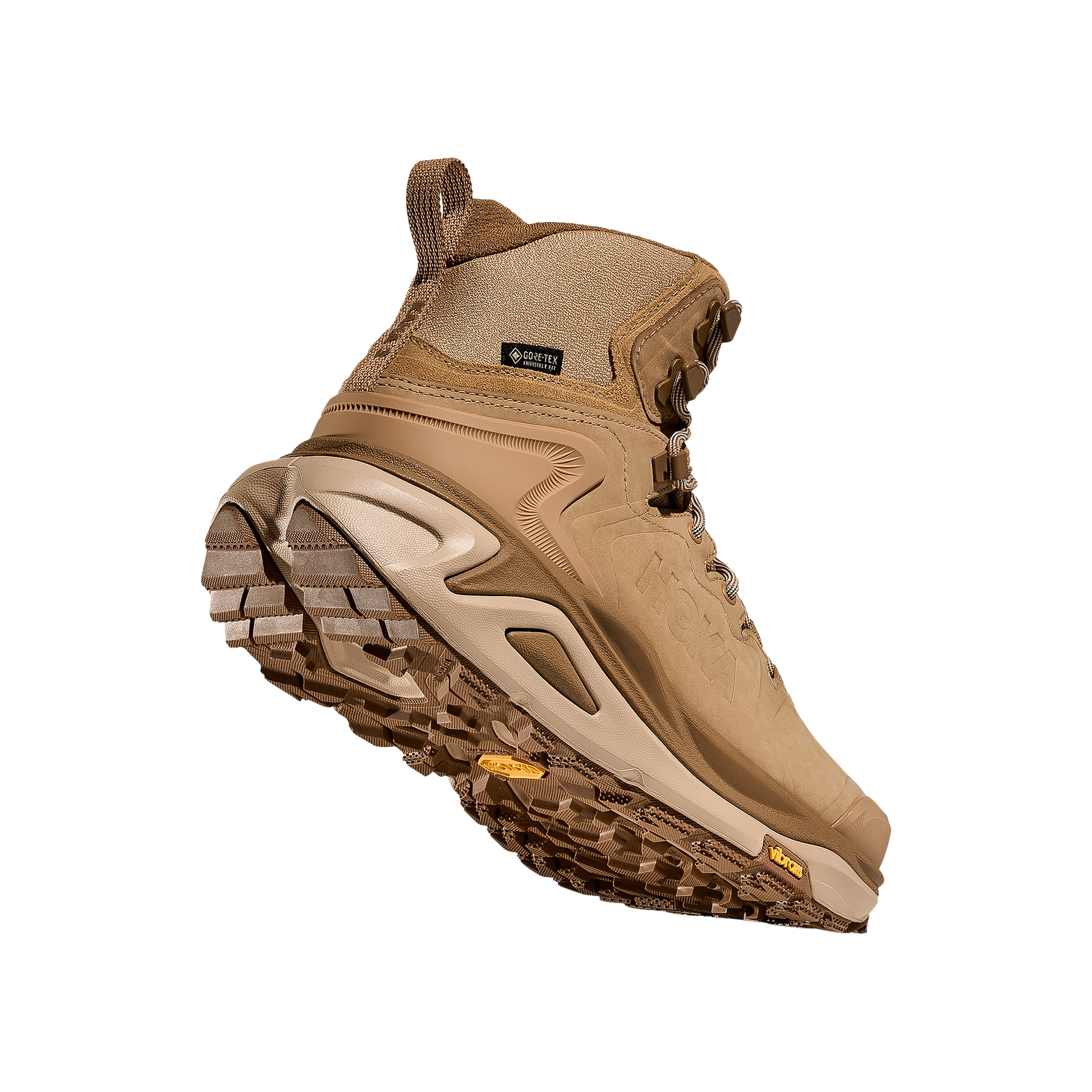 Hoka Kaha 3 GTX women's hiking boot in tan leather, offering plush comfort and weather protection for long-distance hikes.