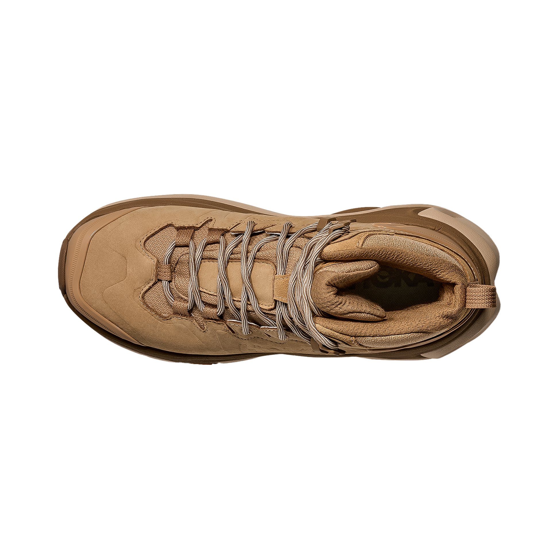 Top view of a tan women's Hoka Kaha 3 GTX hiking shoe, showcasing its mid-cut design and weather-ready materials.