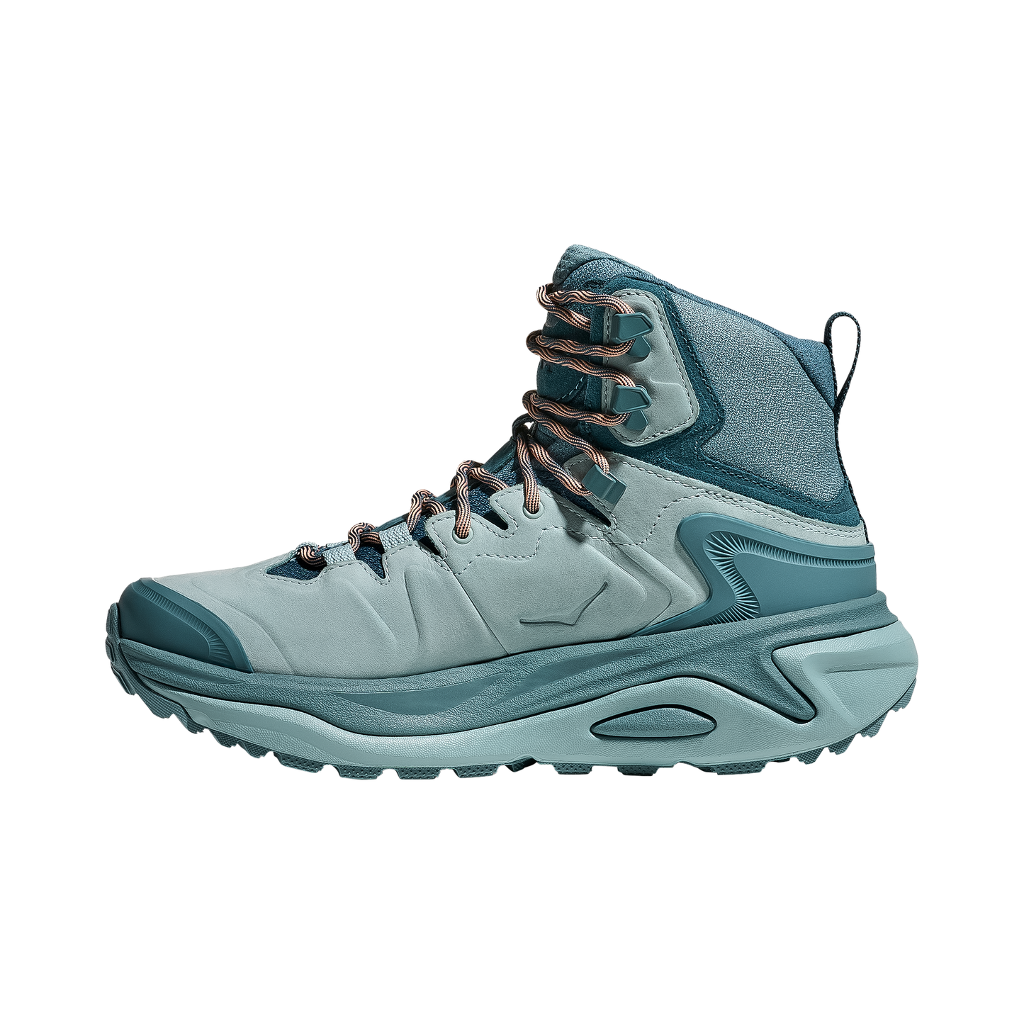 Women's Hoka Kaha 3 GTX hiking boot in blue showcasing its weather-ready design and cushioned midsole.